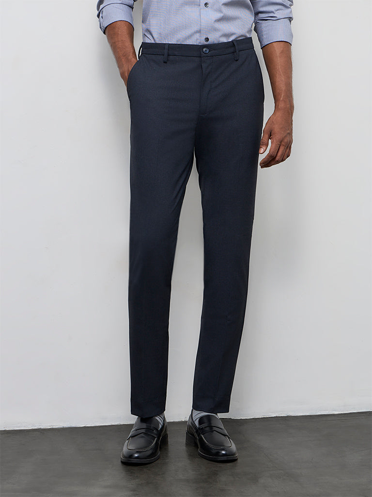 WES Formals Navy Ultra Slim-Fit Mid-Rise Trousers