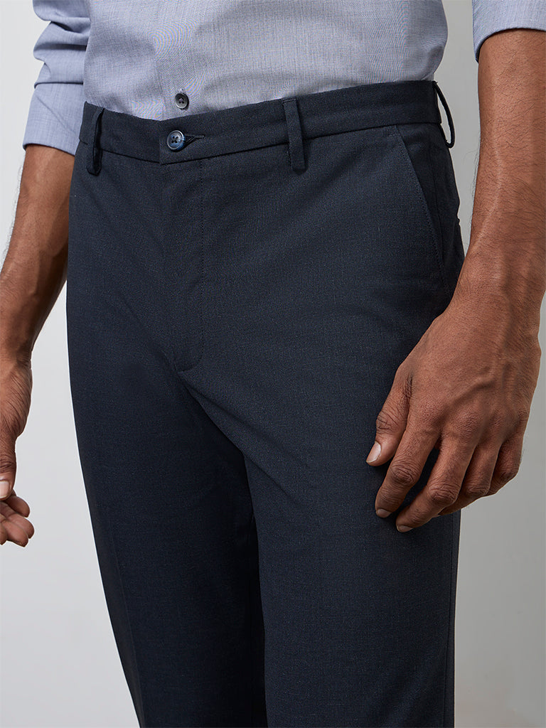 WES Formals Navy Ultra Slim-Fit Mid-Rise Trousers