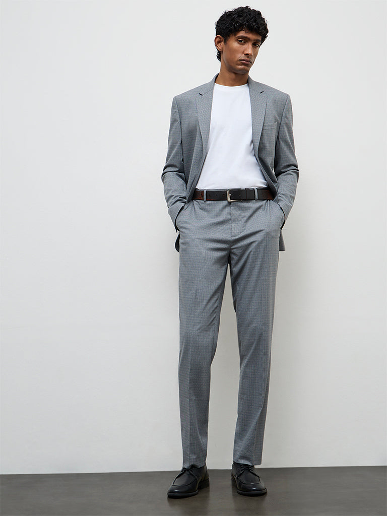 WES Formals Grey Checkered Relaxed-Fit Mid-Rise Trousers