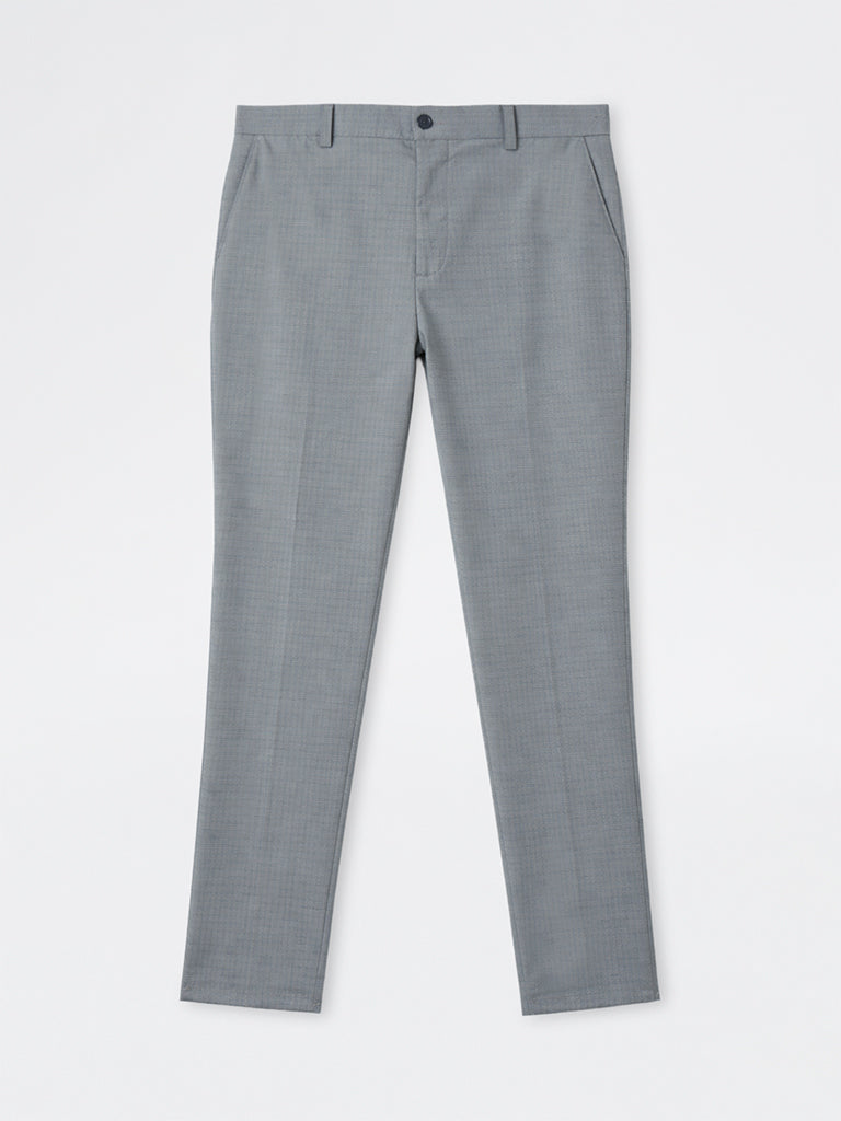 WES Formals Grey Checkered Relaxed-Fit Mid-Rise Trousers