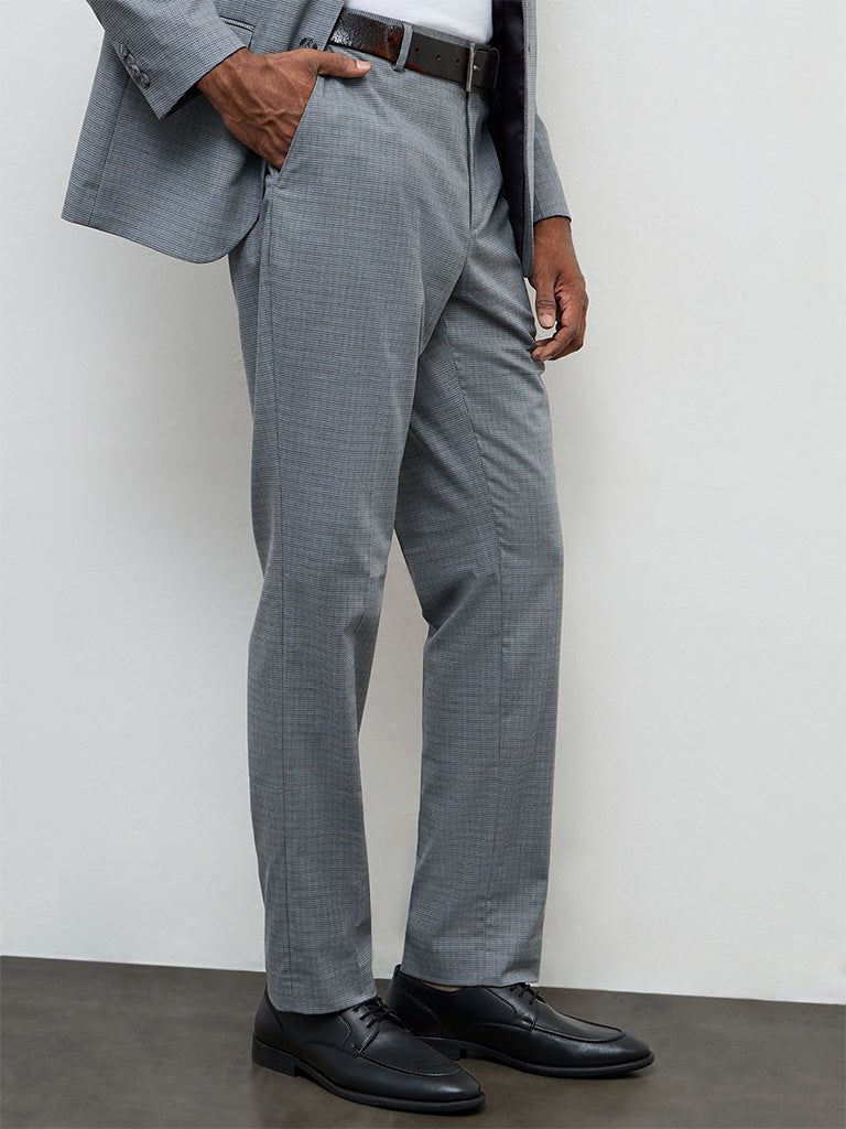 WES Formals Grey Checkered Relaxed-Fit Mid-Rise Trousers