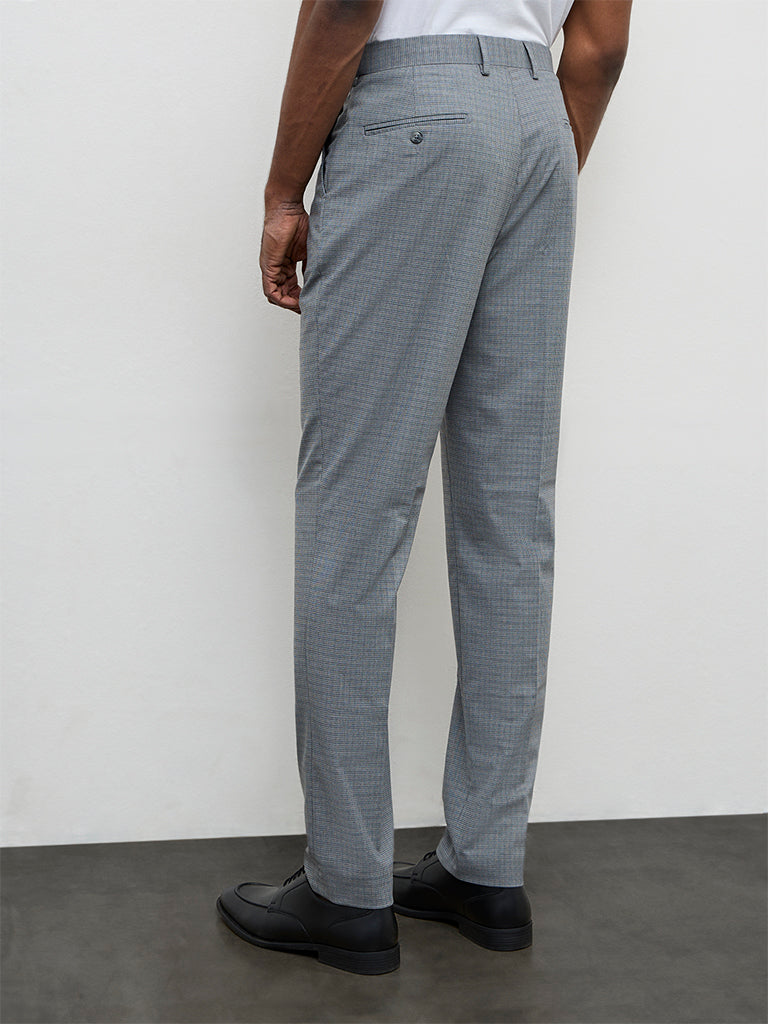 WES Formals Grey Checkered Relaxed-Fit Mid-Rise Trousers
