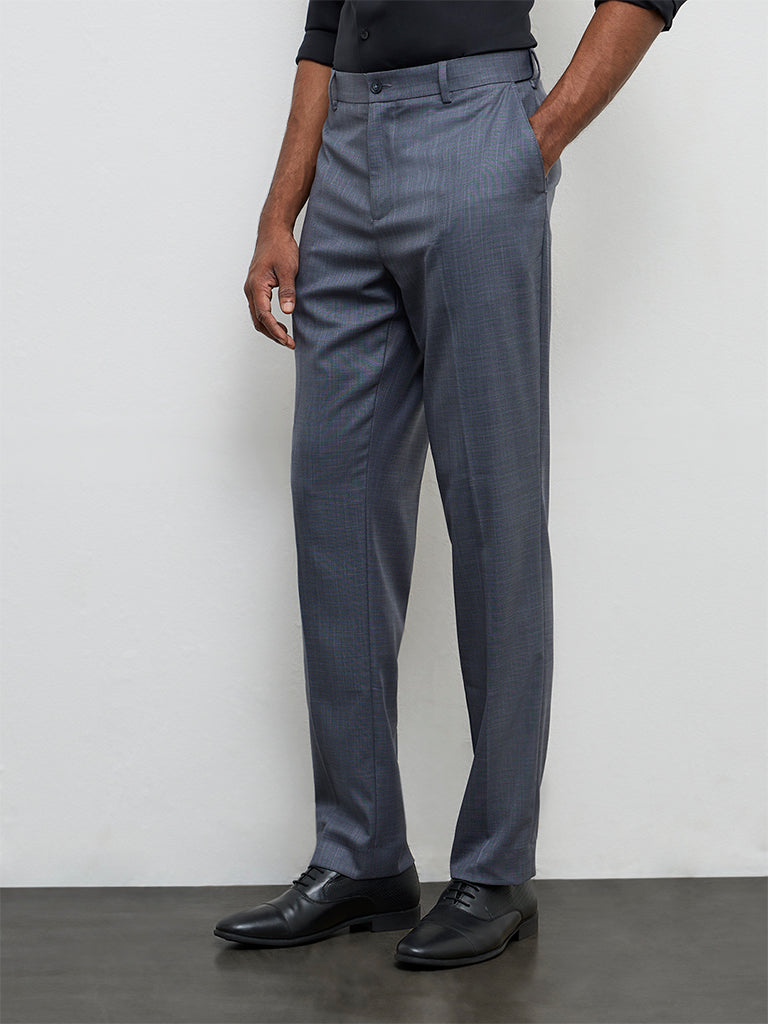 WES Formals Dark Grey Relaxed-Fit Mid-Rise Trousers