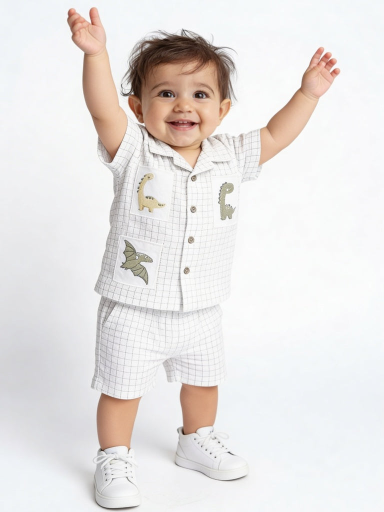 HOP Baby Boys White Checkered Cotton Shirt with Shorts Set