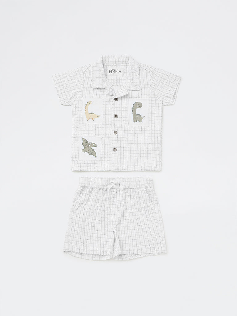 HOP Baby Boys White Checkered Cotton Shirt with Shorts Set
