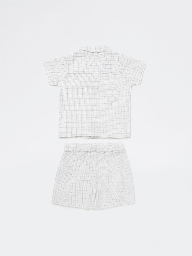 HOP Baby Boys White Checkered Cotton Shirt with Shorts Set