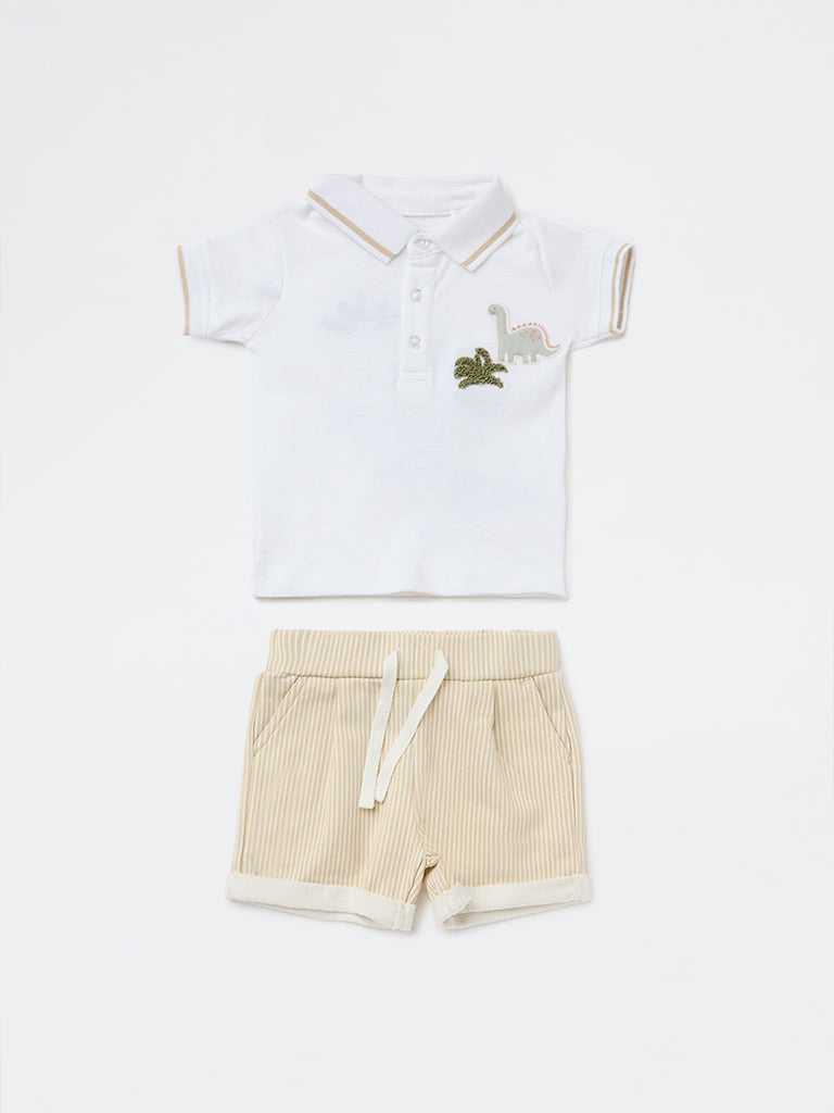 HOP Baby Boys White Cotton T-Shirt and Shorts Set