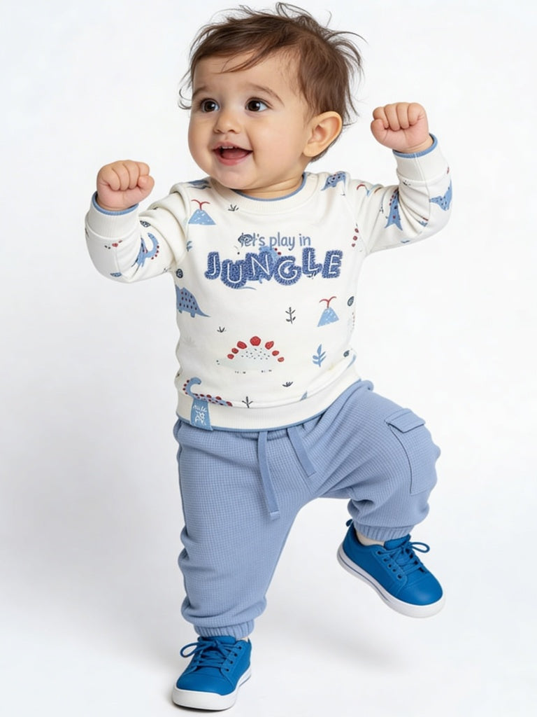 HOP Baby Boys White Cotton-Blend T-Shirt and Pants Set
