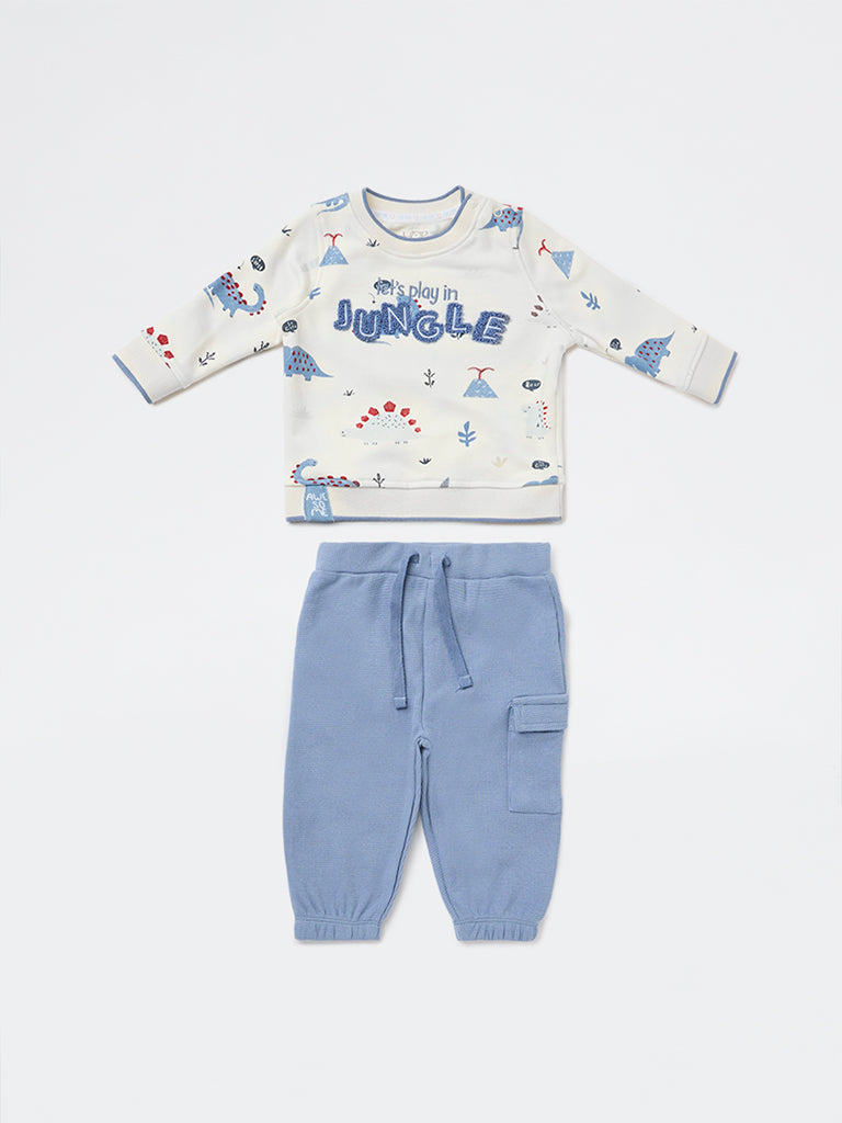 HOP Baby Boys White Cotton-Blend T-Shirt and Pants Set