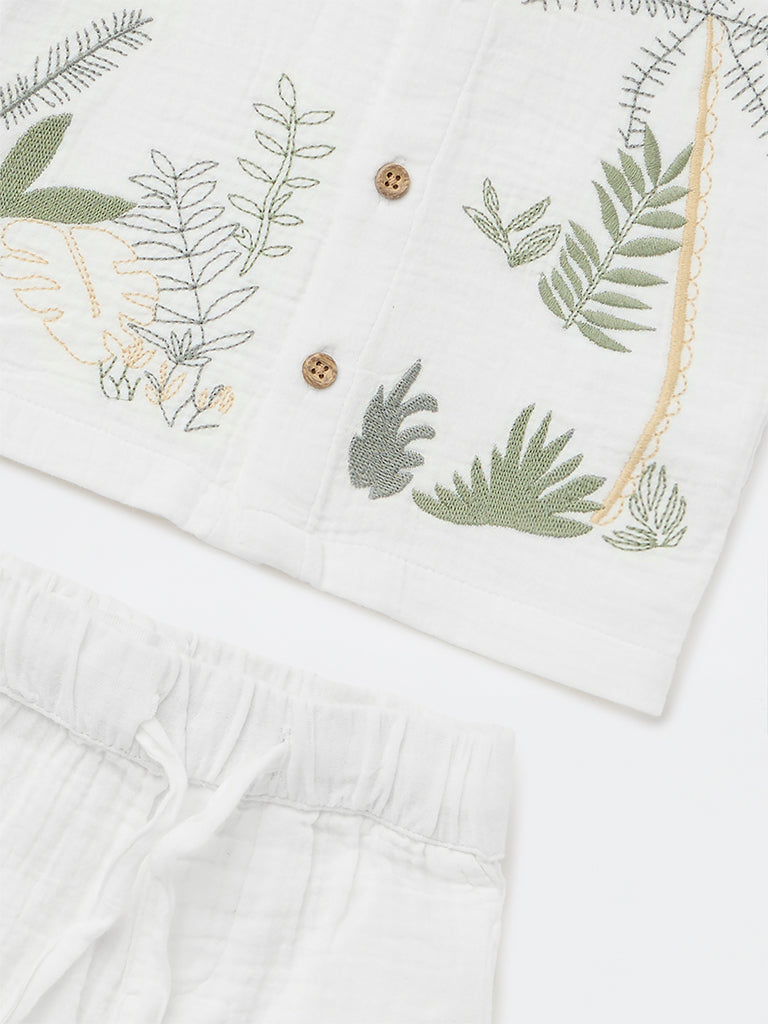 HOP Baby Boys White Embroidered Cotton Shirt and Shorts Set