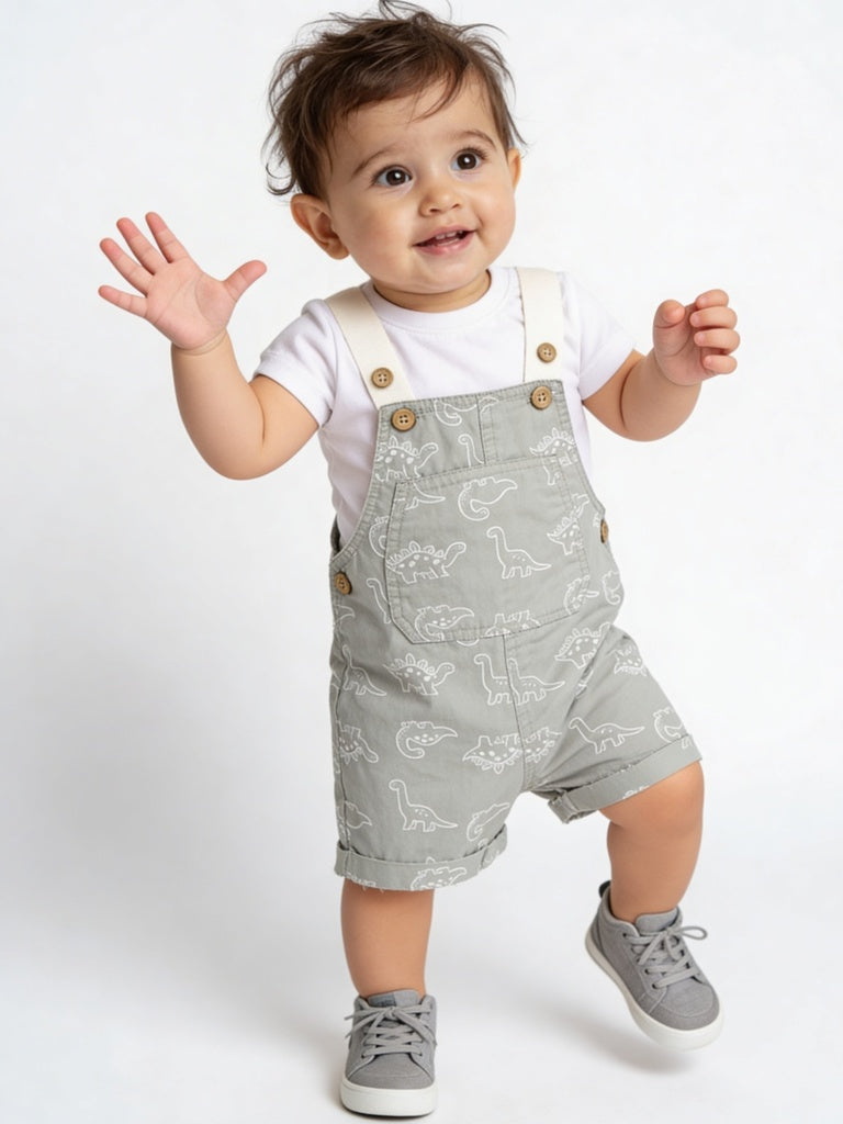 HOP Baby Boys Sage Printed Cotton Dungaree with T-Shirt Set