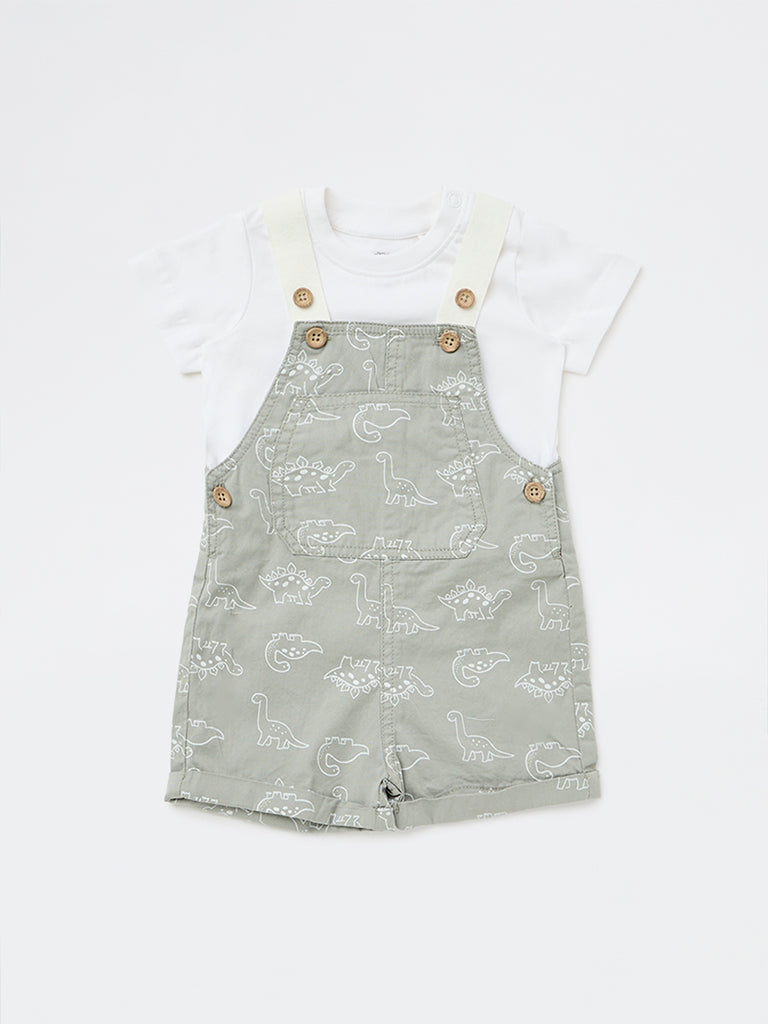 HOP Baby Boys Sage Printed Cotton Dungaree with T-Shirt Set