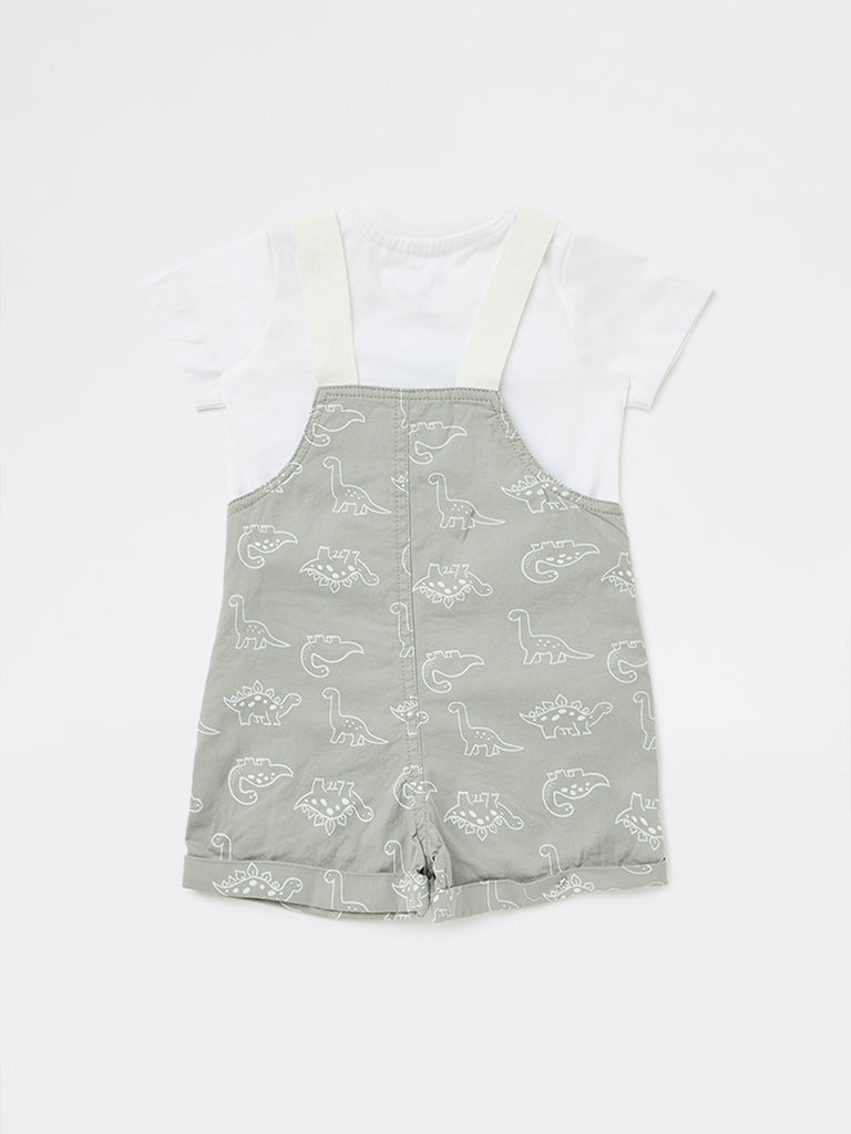 HOP Baby Boys Sage Printed Cotton Dungaree with T-Shirt Set