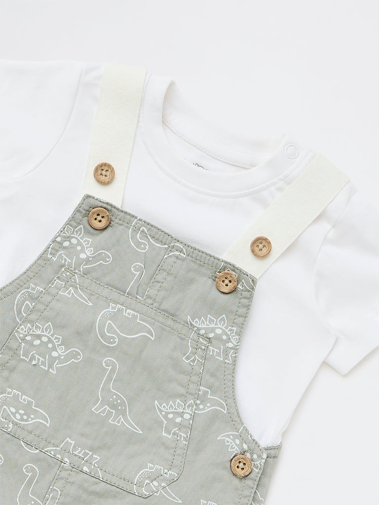 HOP Baby Boys Sage Printed Cotton Dungaree with T-Shirt Set