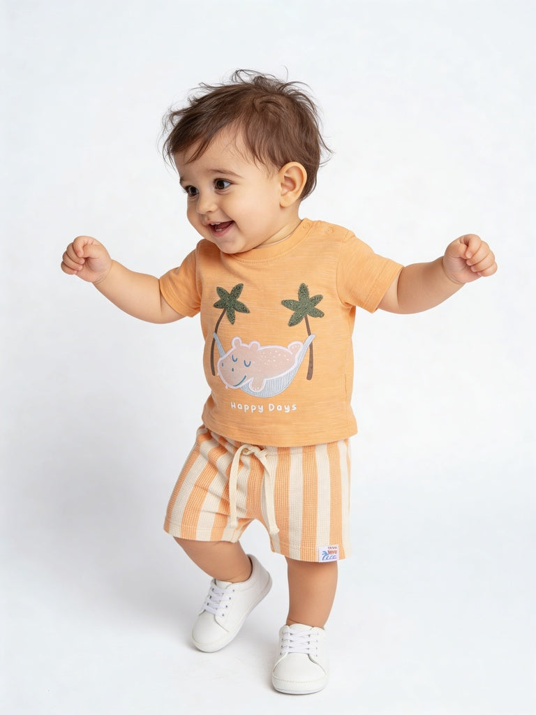 HOP Baby Boys Coral Printed Cotton T-Shirt and Shorts Set
