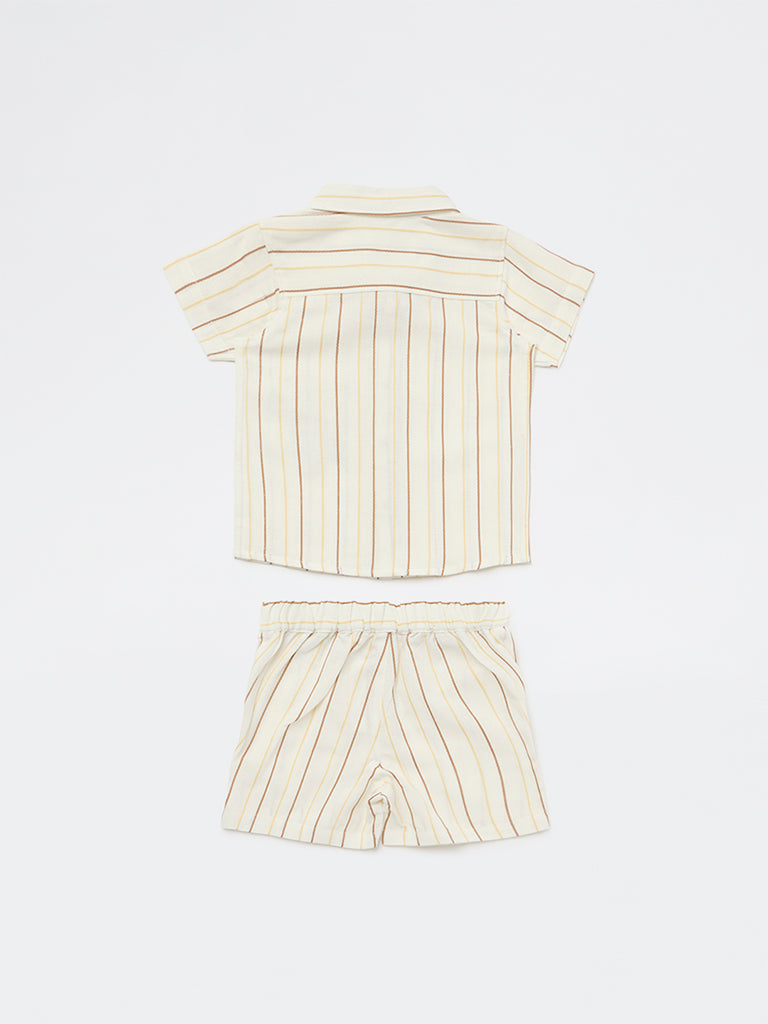 HOP Baby Boys White Striped Cotton Shirt and Shorts Set