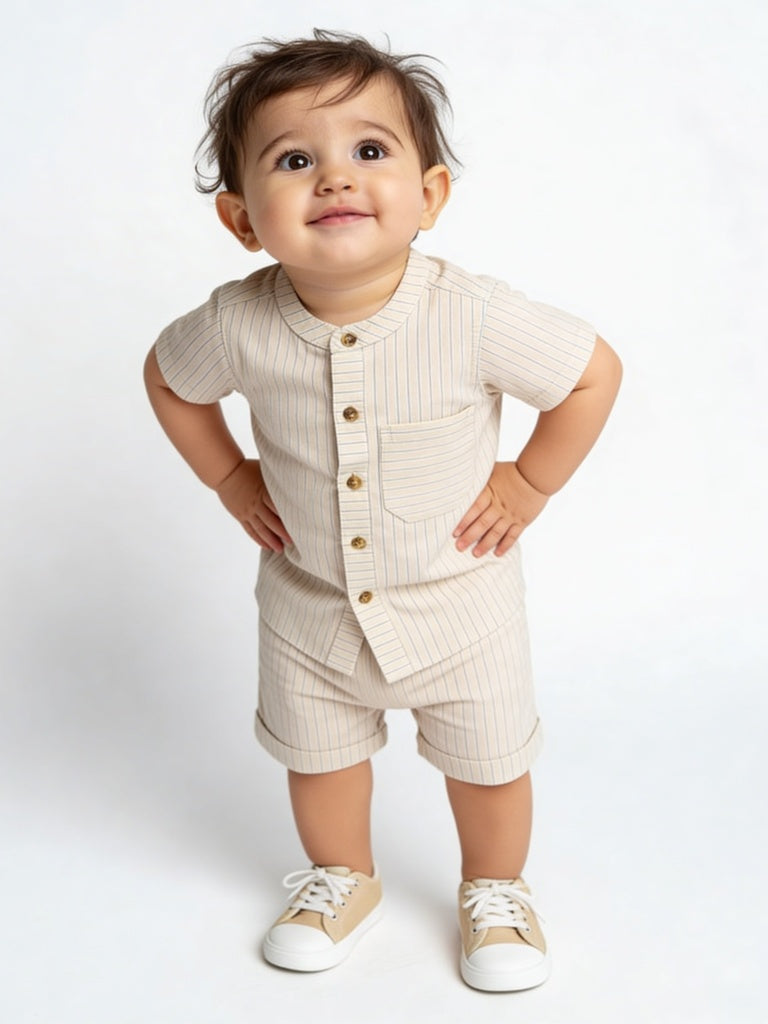 HOP Baby Boys Light Taupe Cotton Shirt with Shorts Set