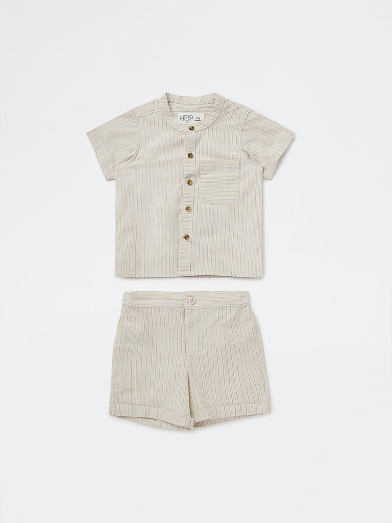 HOP Baby Boys Light Taupe Cotton Shirt with Shorts Set
