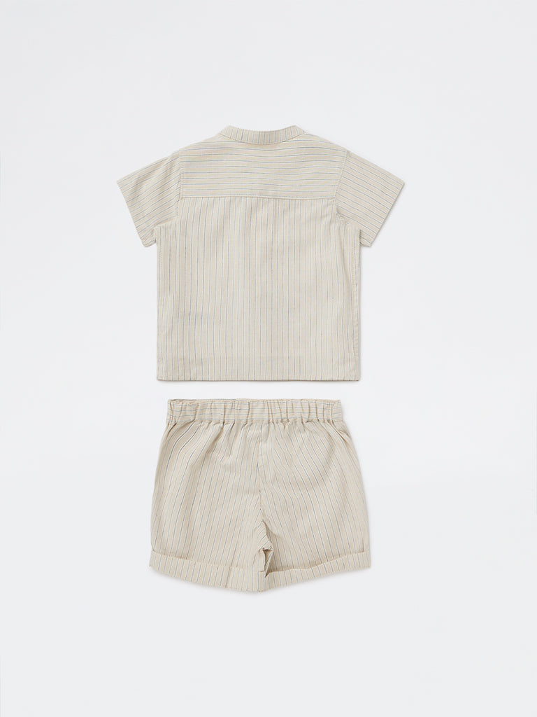 HOP Baby Boys Light Taupe Cotton Shirt with Shorts Set