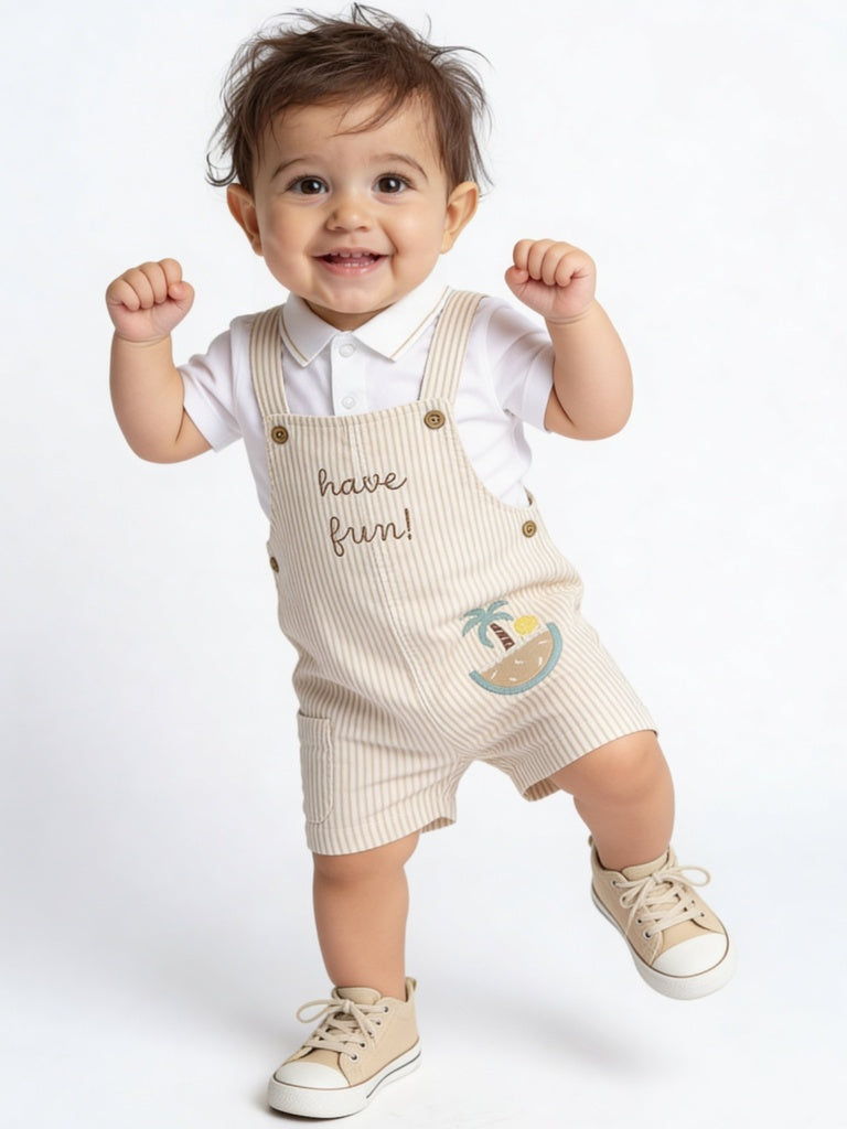 HOP Baby Boys Beige Cotton Dungaree with T-Shirt Set
