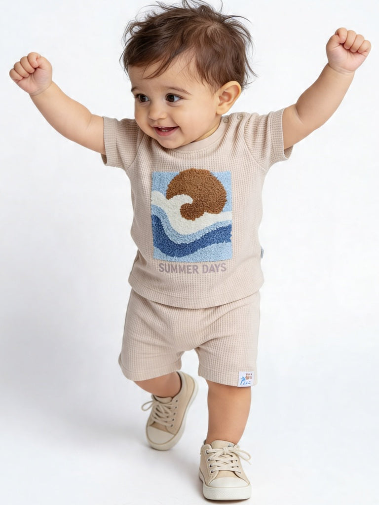 HOP Baby Boys Beige Graphic T-Shirt and Shorts Set