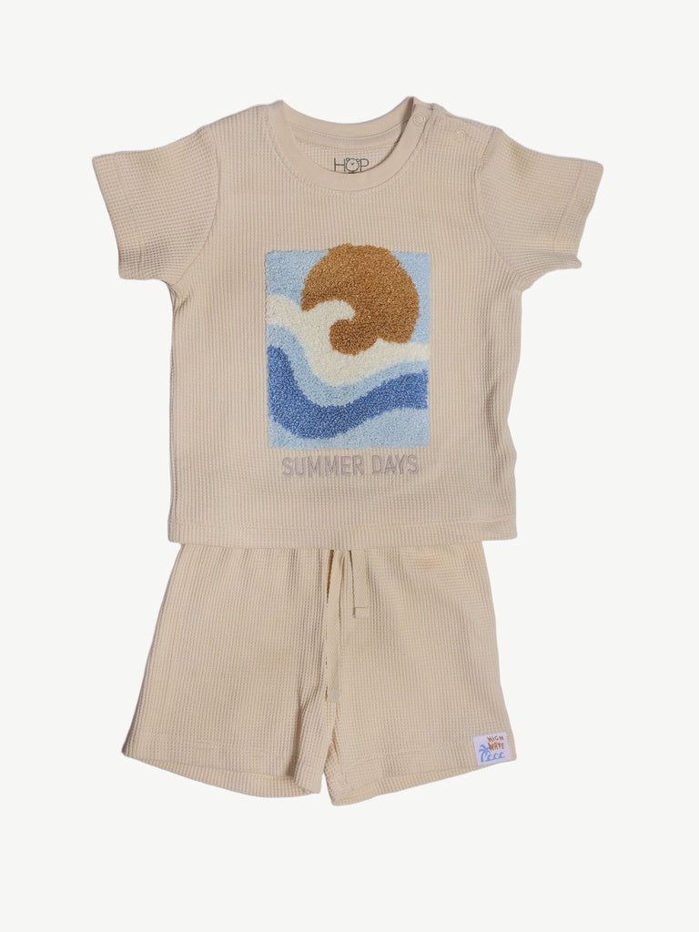 HOP Baby Boys Beige Graphic T-Shirt and Shorts Set
