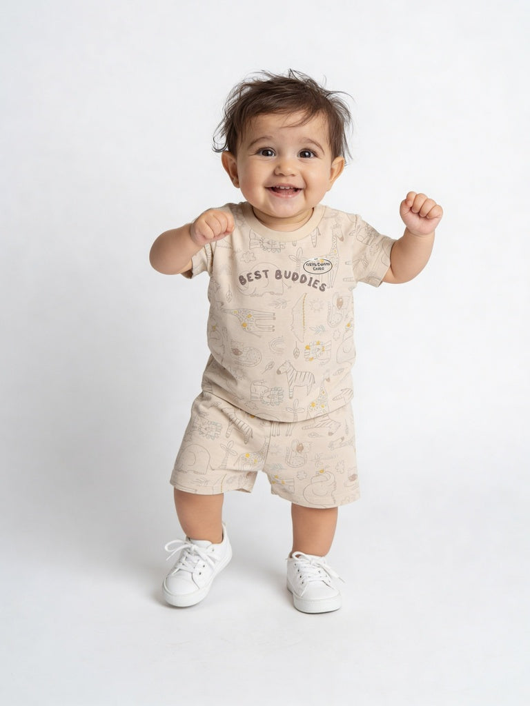 HOP Baby Boys Light Taupe Printed Cotton T-Shirt and Shorts Set