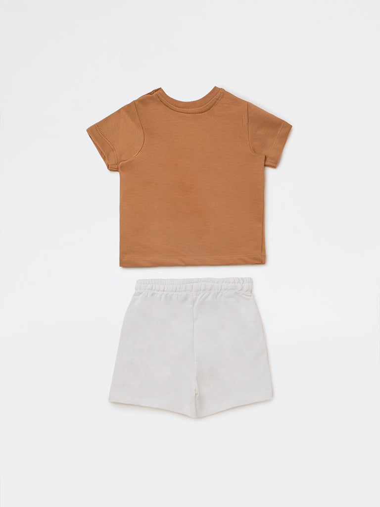 HOP Baby Boys Brown Graphic Cotton T-Shirt and Shorts Set