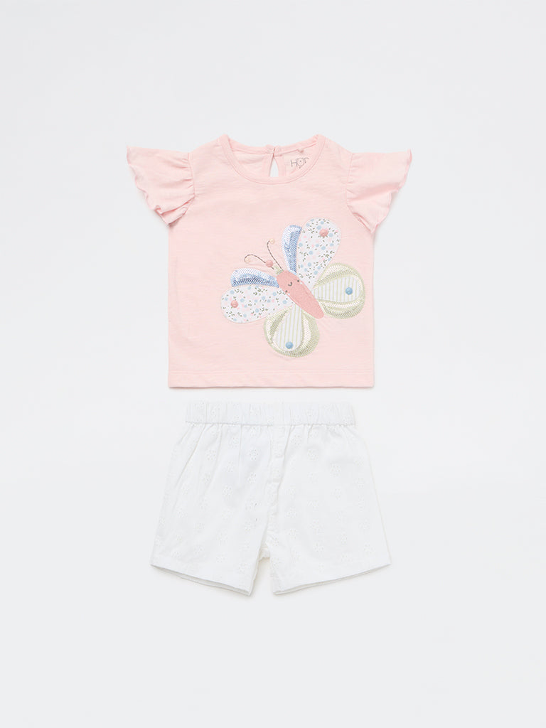 HOP Baby Girls Pink Design Cotton Top and Shorts Set