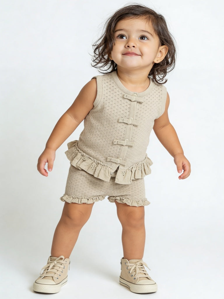 HOP Baby Girls Grey Textured Cotton Top with Shorts Set