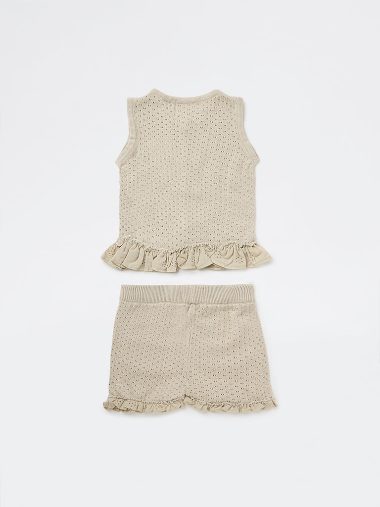 HOP Baby Girls Grey Textured Cotton Top with Shorts Set