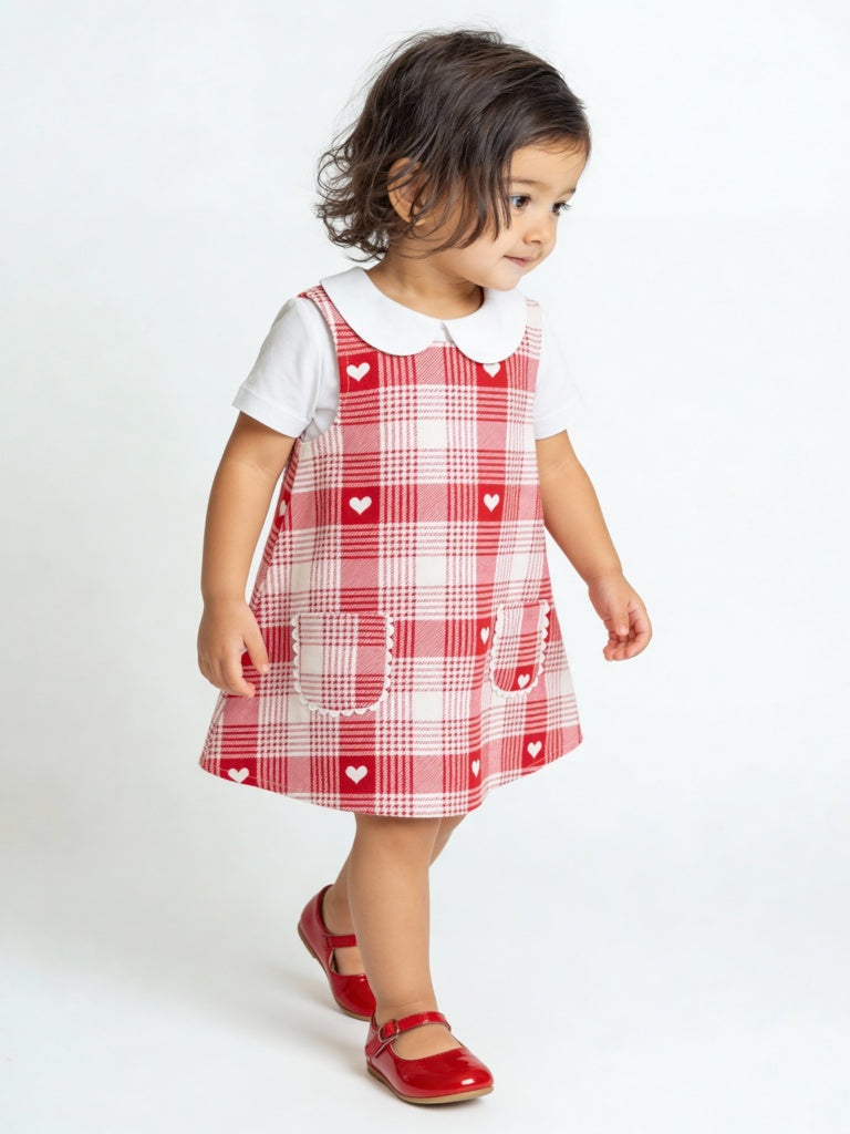 HOP Baby Girls Red Houndstooth Check Cotton Pinafore and T-Shirt Set
