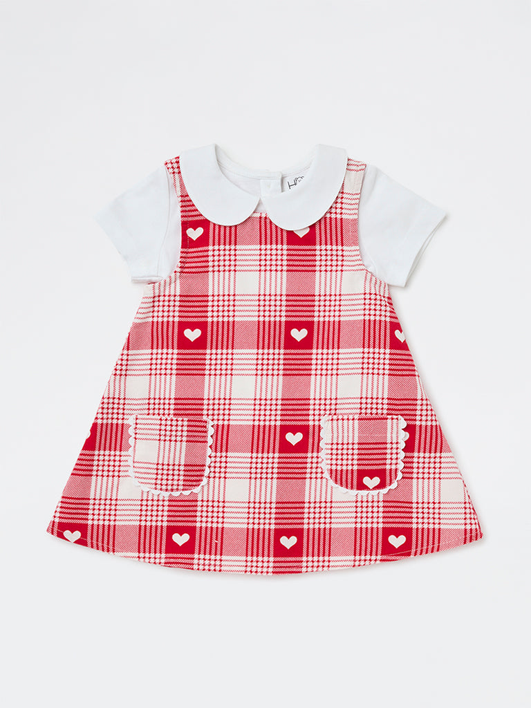 HOP Baby Girls Red Houndstooth Check Cotton Pinafore and T-Shirt Set