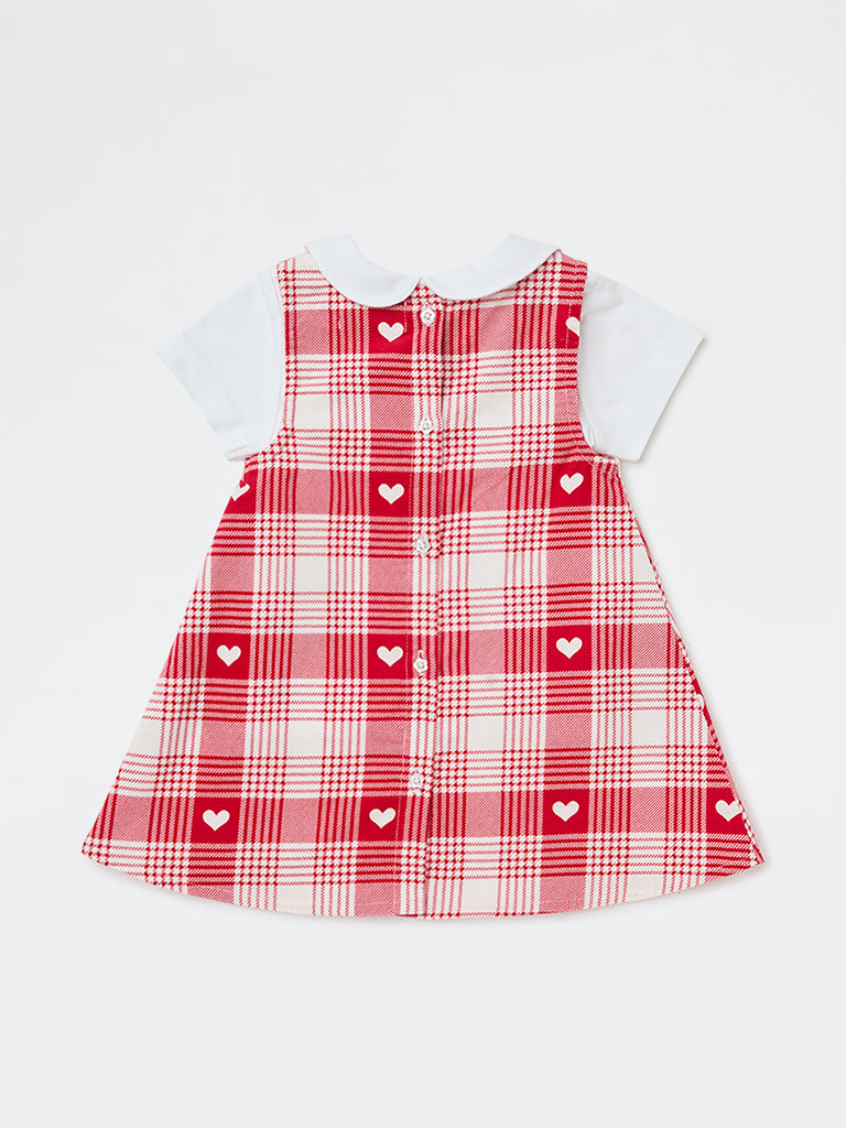 HOP Baby Girls Red Houndstooth Check Cotton Pinafore and T-Shirt Set