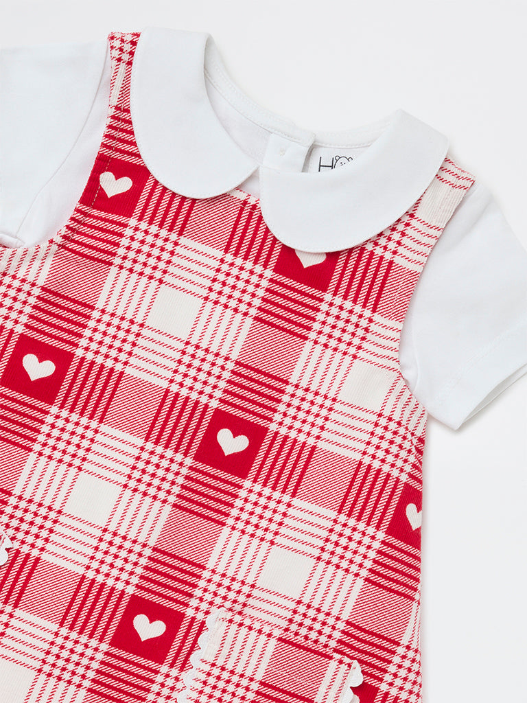 HOP Baby Girls Red Houndstooth Check Cotton Pinafore and T-Shirt Set