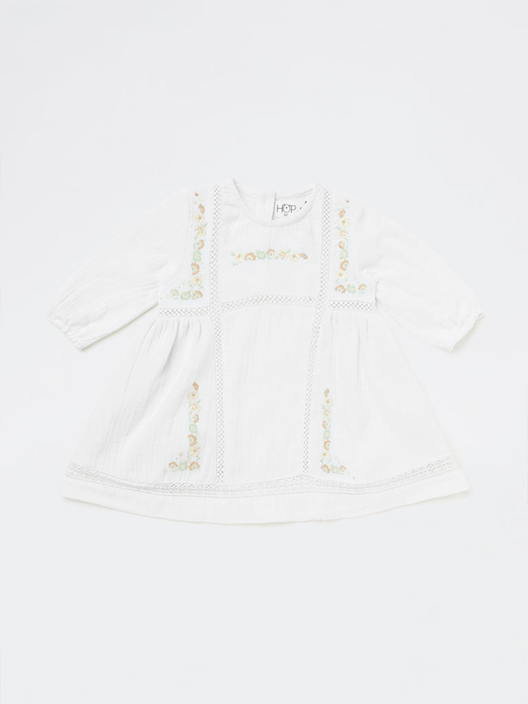 HOP Baby Girls White Embroidered Cotton A-Line Dress