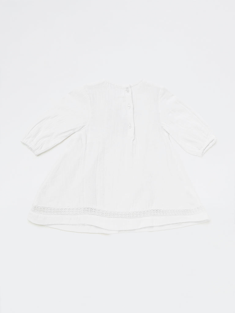 HOP Baby Girls White Embroidered Cotton A-Line Dress