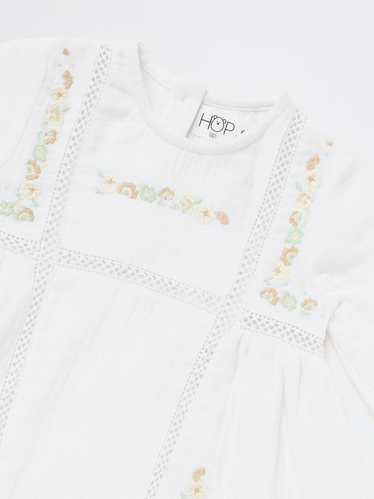 HOP Baby Girls White Embroidered Cotton A-Line Dress
