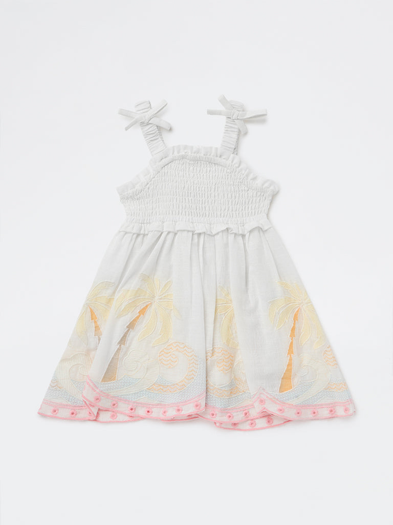 HOP Baby Girls White Tropical Printed A-line Cotton Dress