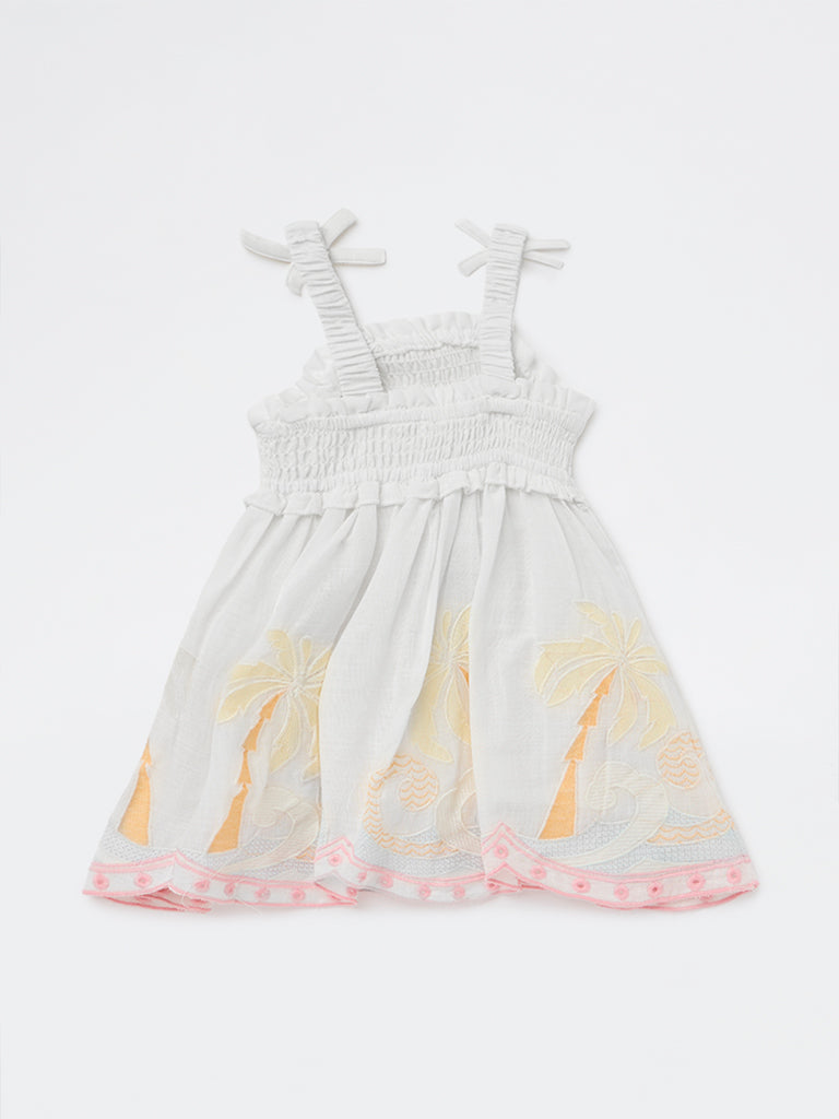 HOP Baby Girls White Tropical Printed A-line Cotton Dress
