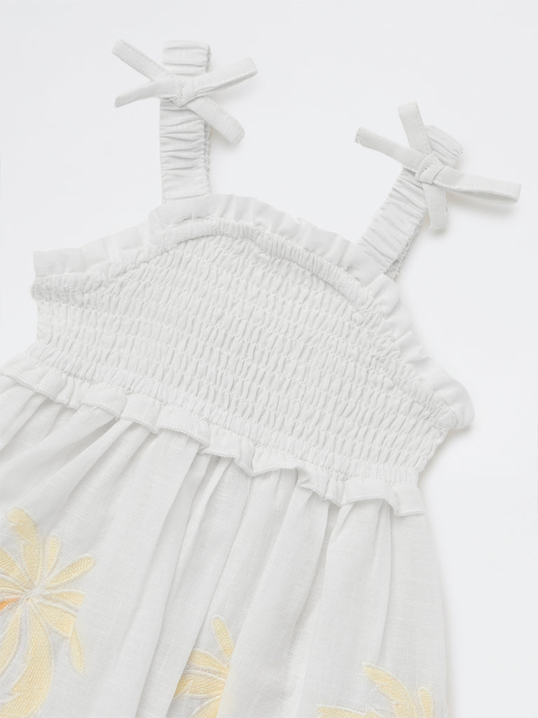 HOP Baby Girls White Tropical Printed A-line Cotton Dress