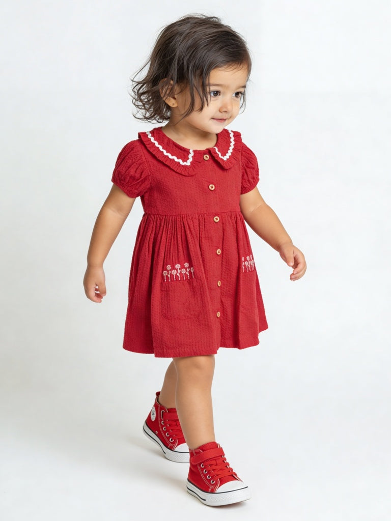 HOP Baby Girls Red Floral Embroidered A-Line Cotton Dress