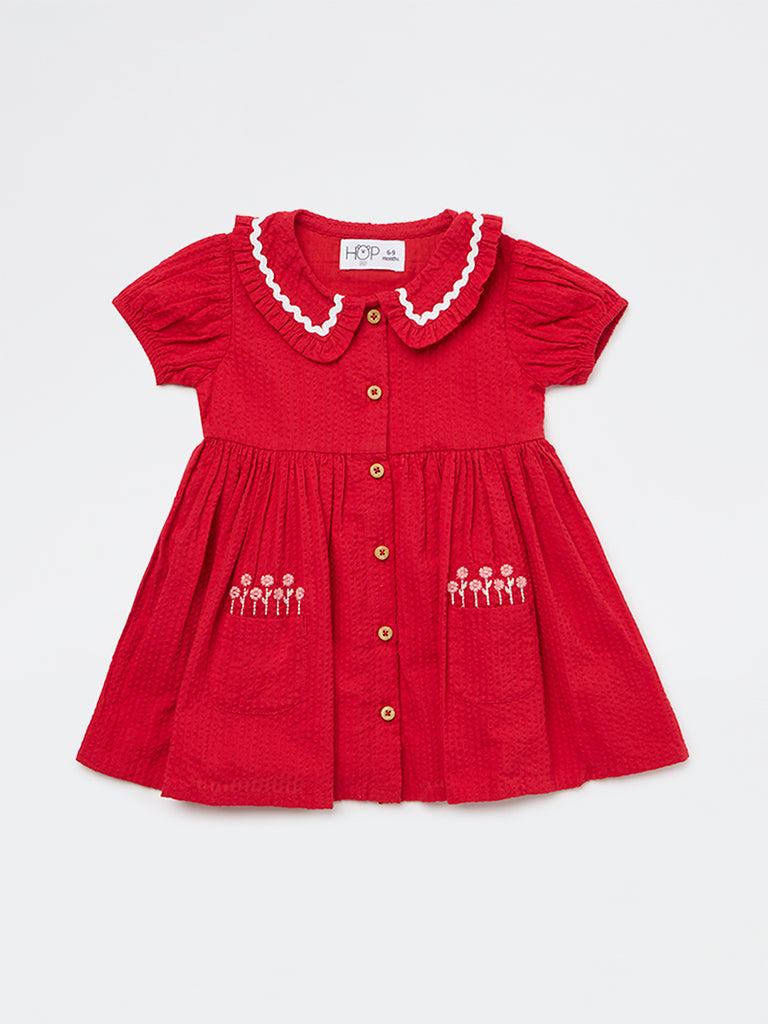 HOP Baby Girls Red Floral Embroidered A-Line Cotton Dress