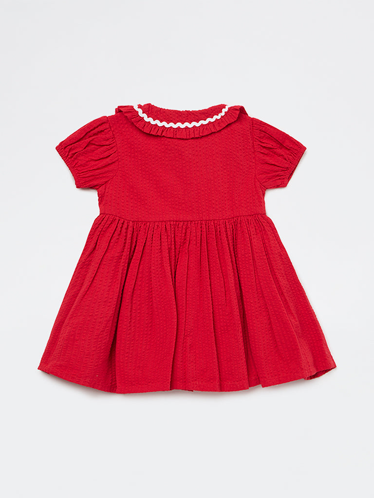 HOP Baby Girls Red Floral Embroidered A-Line Cotton Dress