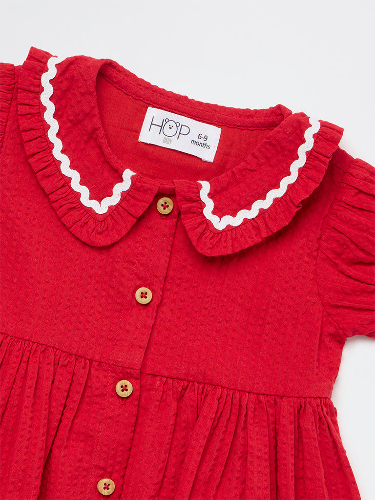 HOP Baby Girls Red Floral Embroidered A-Line Cotton Dress