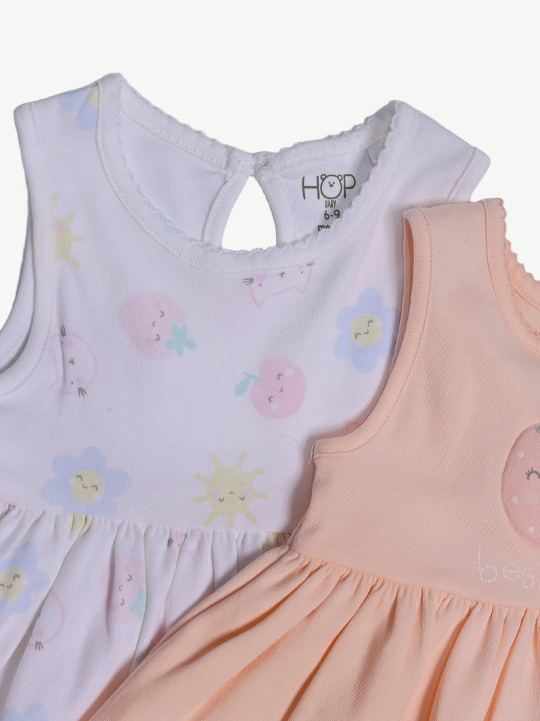 HOP Baby Girls Multicolour Printed A-Line Cotton Dress - Pack of 2