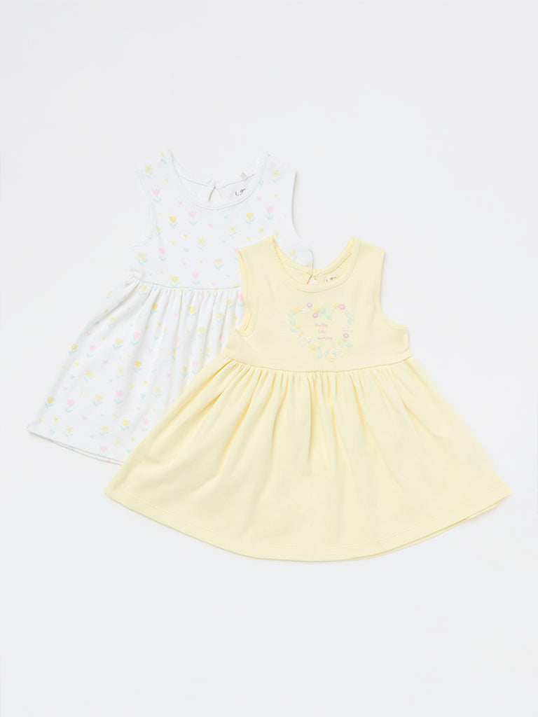 HOP Baby Girls Multicolour Floral A-Line Cotton Dress - Pack of 2