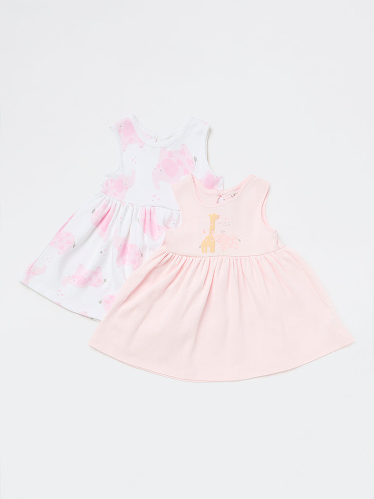 HOP Baby Girls Pink Animal A-Line Cotton Dress - Pack of 2