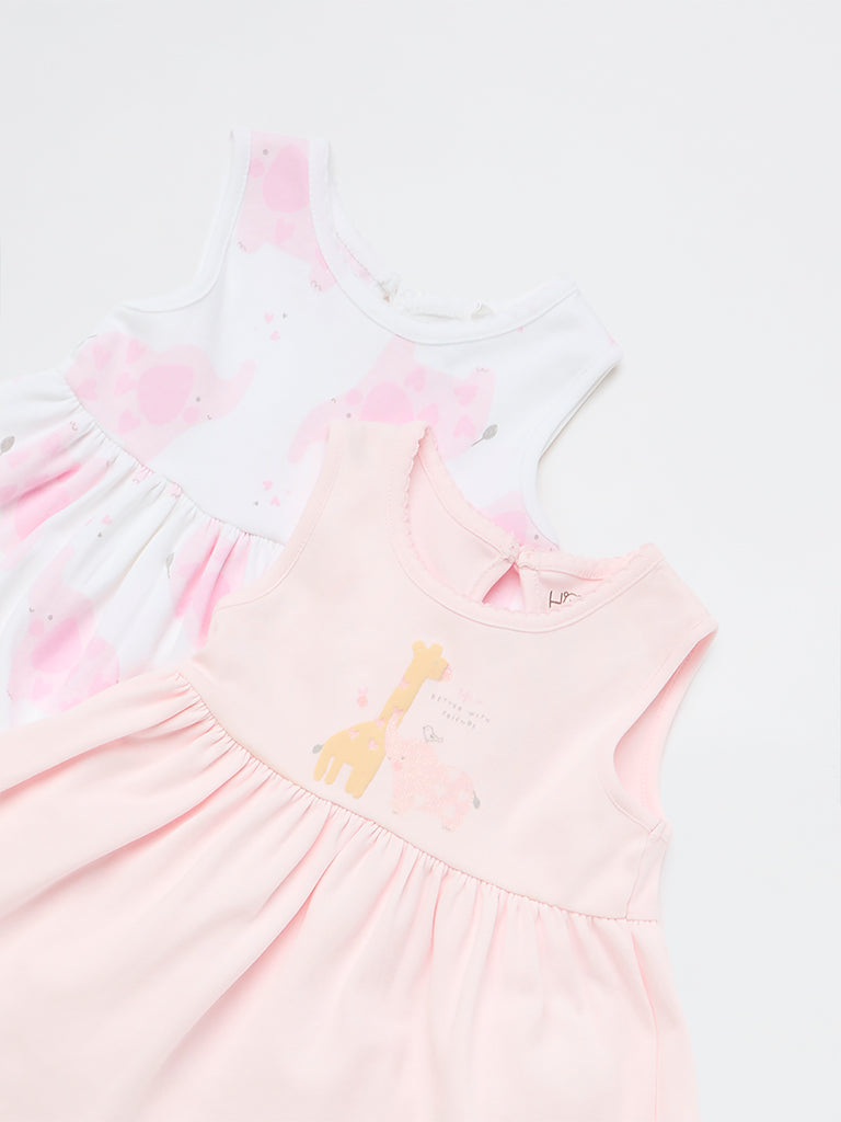 HOP Baby Girls Pink Animal A-Line Cotton Dress - Pack of 2