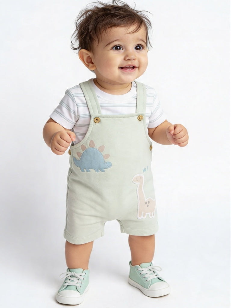 HOP Baby Boys Sage Animal Printed Cotton Dungaree and T-Shirt Set